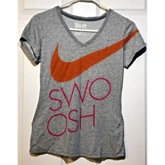 Nike Dri-Fit V-Neck Athletic Shirt Gray Swoosh Logo Women's Size Small - Picture 1 of 2